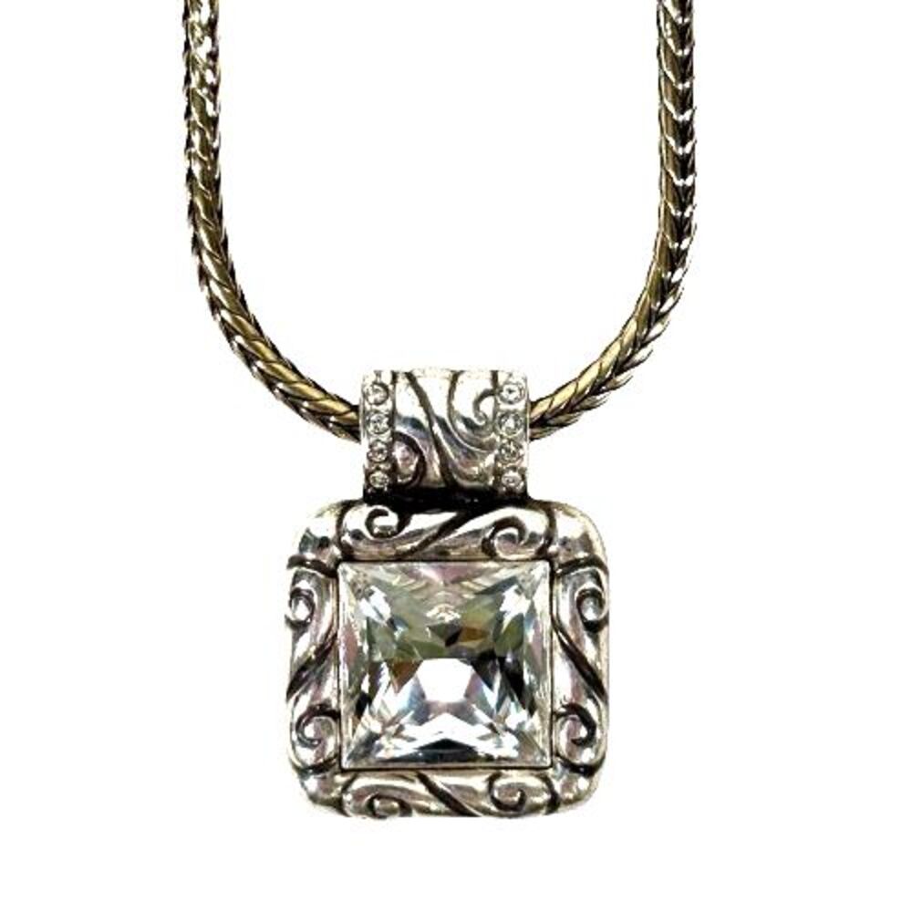 VTG Brighton Regina Clear Swarovski Crystal Silver Gold Pendant Necklace Retired